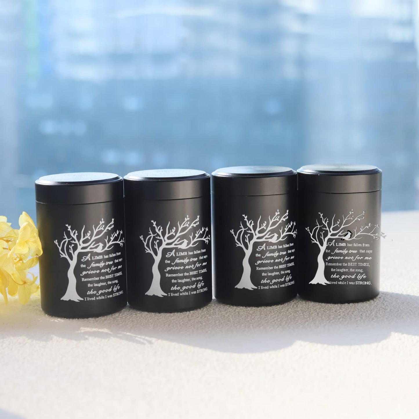 Limbo Aluminium Mini Urns - Set of 4, 2.7 inch High, Human/Pet Ashes Keepsake Urns - 'A Limb has Fallen from Family Tree That say Grieve not for me'