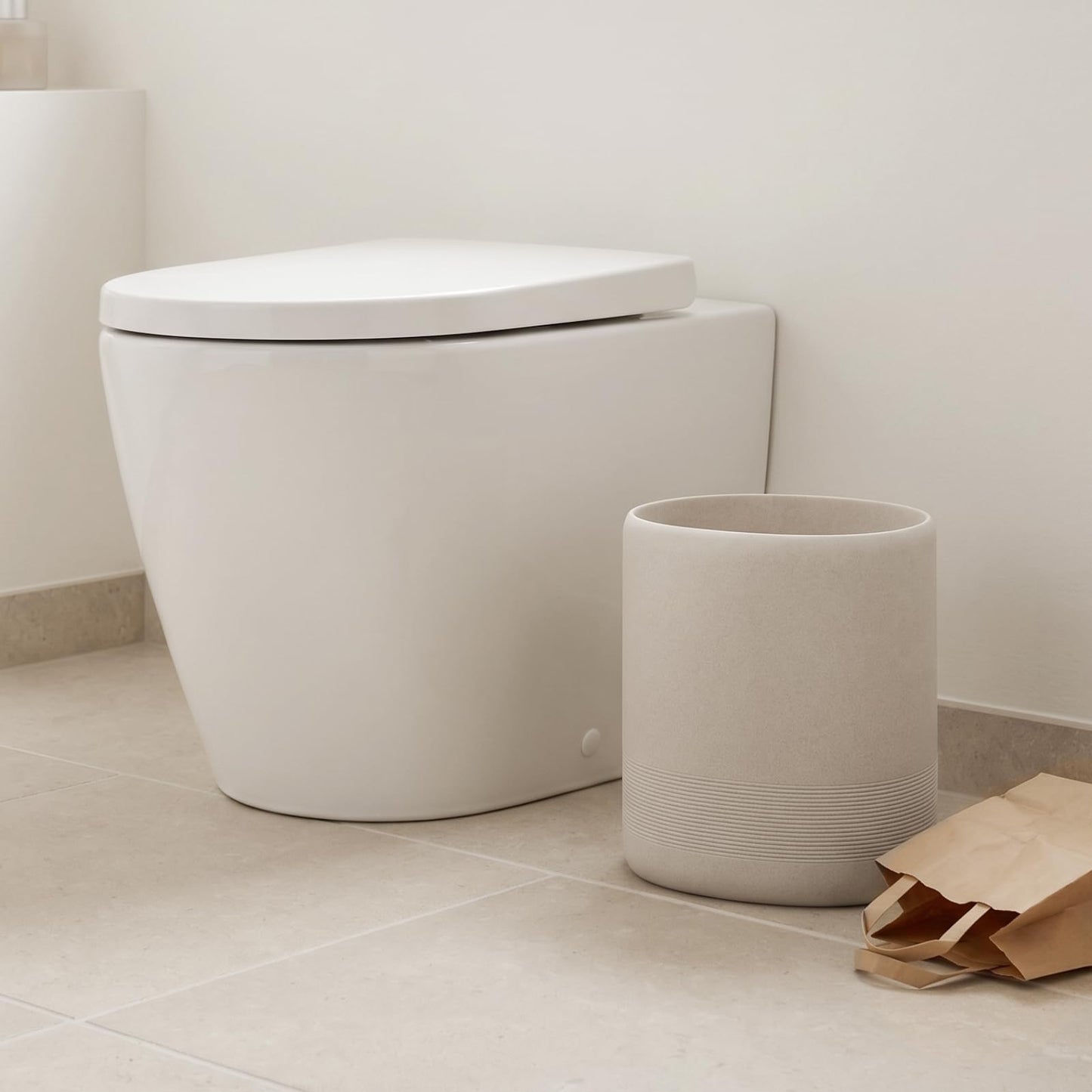 Haocoott Bathroom Trash Can, 1.6 Gallon Small Trash Can Cabinet, Simple Stone Look Oval Office Garbage Bin, Decorative Waste Basket for Bedroom, Living Room, Kitchen (Beige)