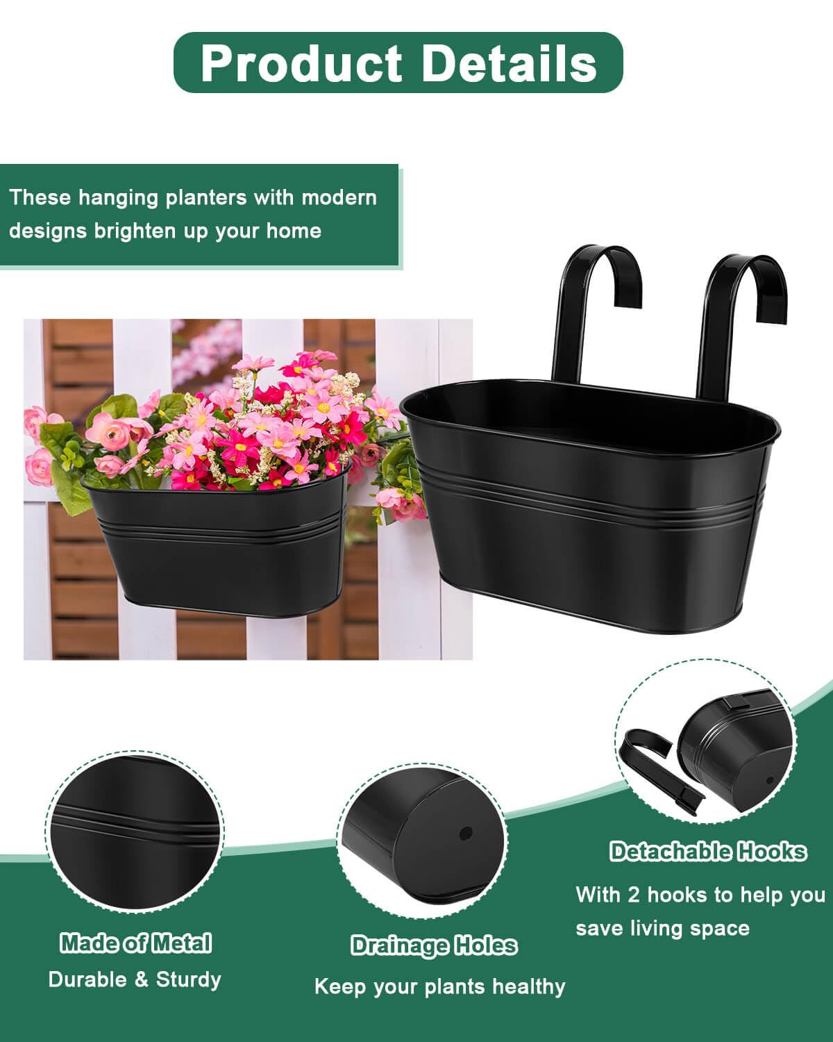 Black Metal Railing Planter for Outdoor Plants - 10 Pack Balcony Hanging Planter Box with Detachable Hooks and Drain Holes Oval Hanging Pots Fence Planters for Railing Garden Fence (11 & 4 Inch)