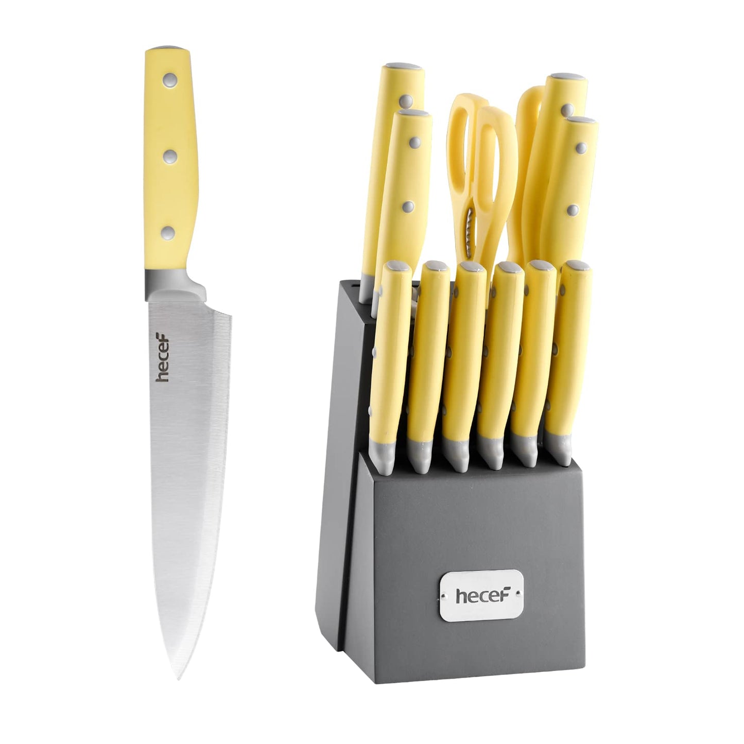 hecef Kitchen Knife Block Set, 14 Pieces Knife Set with Wooden Block & Sharpener Steel & All-Purpose Scissors, High Carbon Stainless Steel Cutlery Set