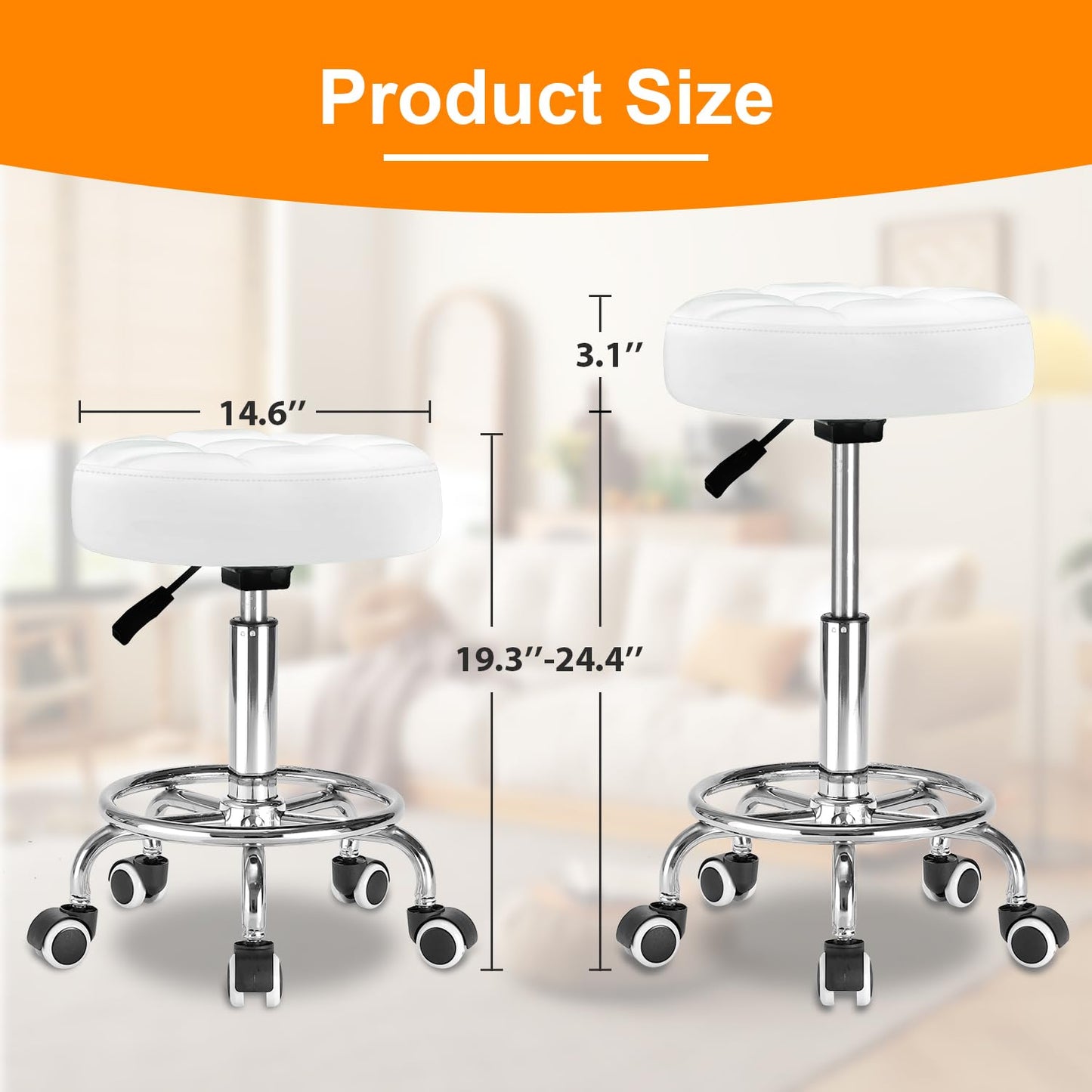 Rolling Stool PU Leather Round - Ultra Soft Padded Seat Cushion Stool with Wheels with Footrest, Strong Weight Capacity 350lb,Adjustable Swivel Stool for Tattoo Massage Salon Office Spa Home (White)