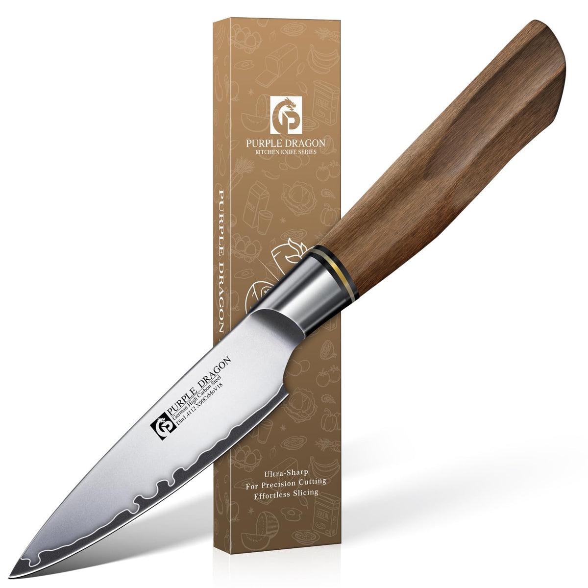 Purple Dragon 3.5 Inch Paring Knife, Small Kitchen Cutting Fruit Knife, German Vg10 Steel Ultra Sharp Blade Ergonomic Wooden Handle, Gift Box