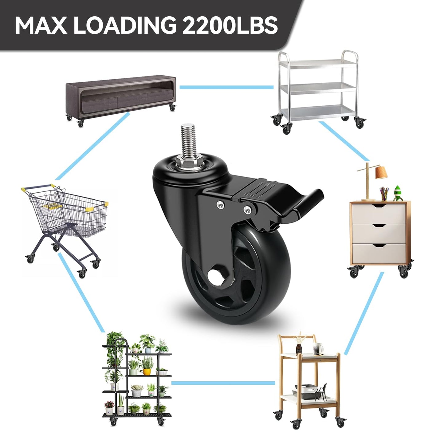 BZOLIHEU Caster Wheels 4 Inch, Swivel Threaded Stem Casters Set of 4 Heavy Duty 2000lbs, 3/8" -16 x 1 (Stem Diameter 3/8", Stem Length 1") Locking Casters Wheels Black