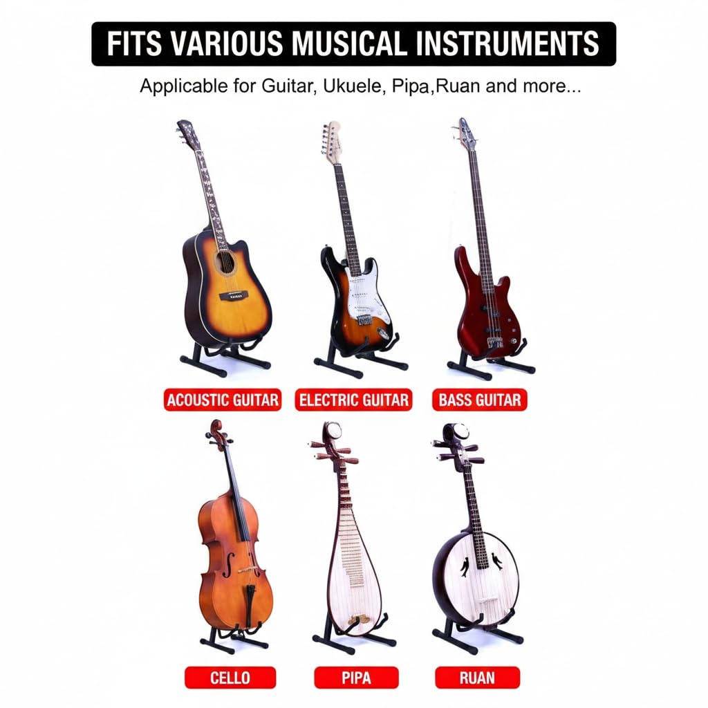 Guitar Stand, Acoustic Electric Guitar Stand Wooden Guitar Floor Stand, A Frame Folding Guitar Holder Adjustable for Bass, Mandolin, Banjo, Ukulele (Wood)