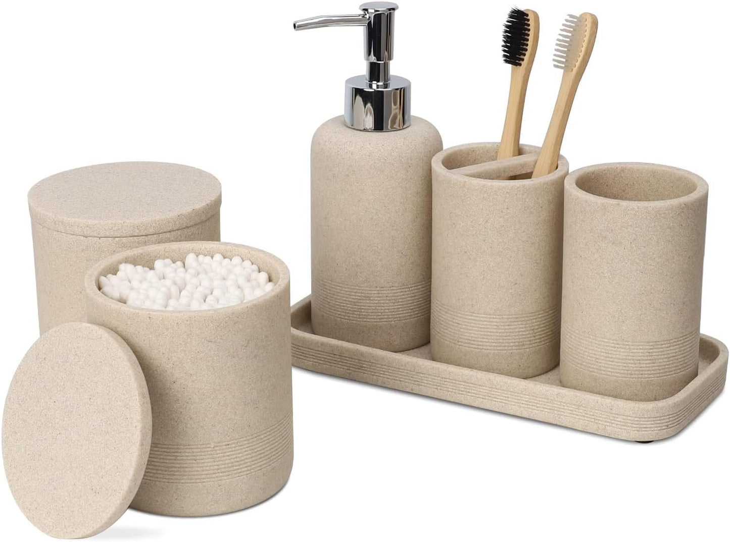 zccz Beige Bathroom Accessory Set 6 Pcs - Soap Dispenser, 2 Qtip Holder Dispenser, Toothbrush Holder, Vanity Tray, Bathroom Tumbler - Decorative Countertop Vanity Organizer - Accessoire Salle De Bain