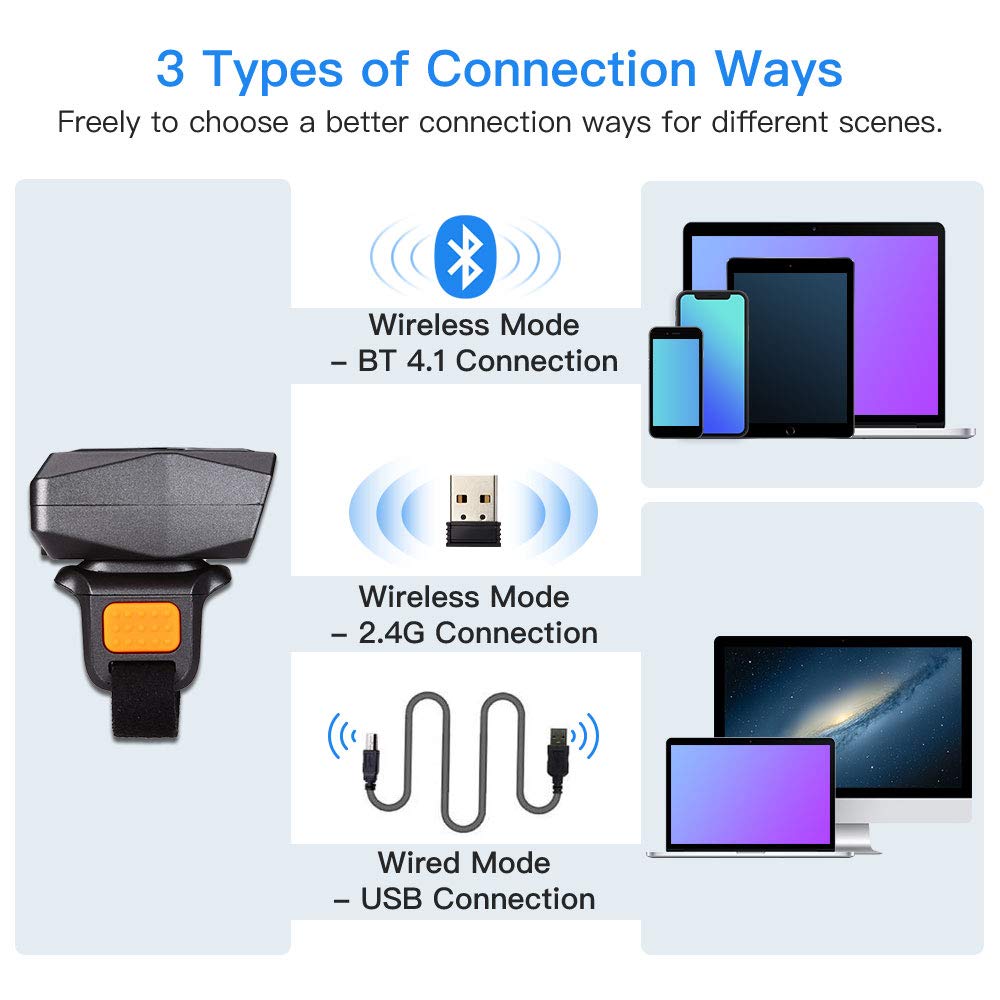 Eyoyo 1D Bluetooth Wearable Ring Barcode Scanner, Portable Mini Finger Bar Code Reader with 2.4G Wireless & USB Wired Connection for iPhone Android iOS, for Book, Warehouse Inventory, Express