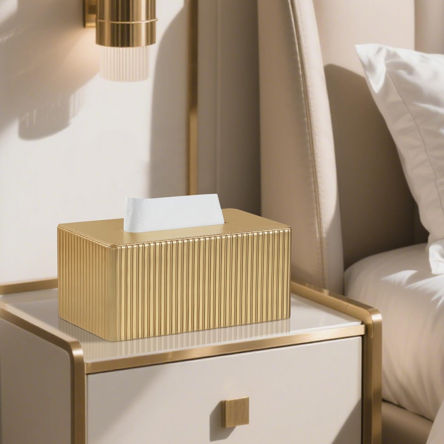 MEIBOOCH PU Leather Tissue Box Cover Square, Cube Tissue Box Holder with Magnetic Closure, Decorative Tissue Holder for Bathroom Bedroom Office (Gold, Rectangle Height of 4 in)