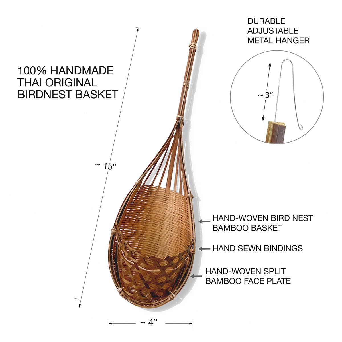 PANWA Handmade 100% Thai Bamboo Hanging Orchid Basket – 4 Inch Set of 3
