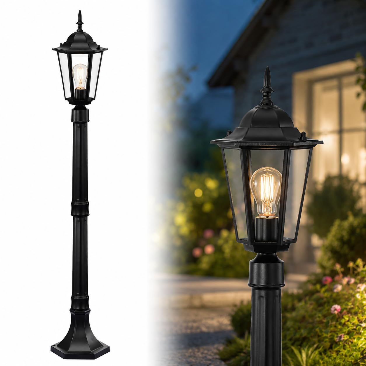 42" Outdoor Post Light Fixture, Hardwired Black Surface Mount Lamp Post Light with Clear Glass, Adjustable Height Aluminum Outdoor Pole Light, E26 Post Lantern for Yard, Garden, Driveway, Patio
