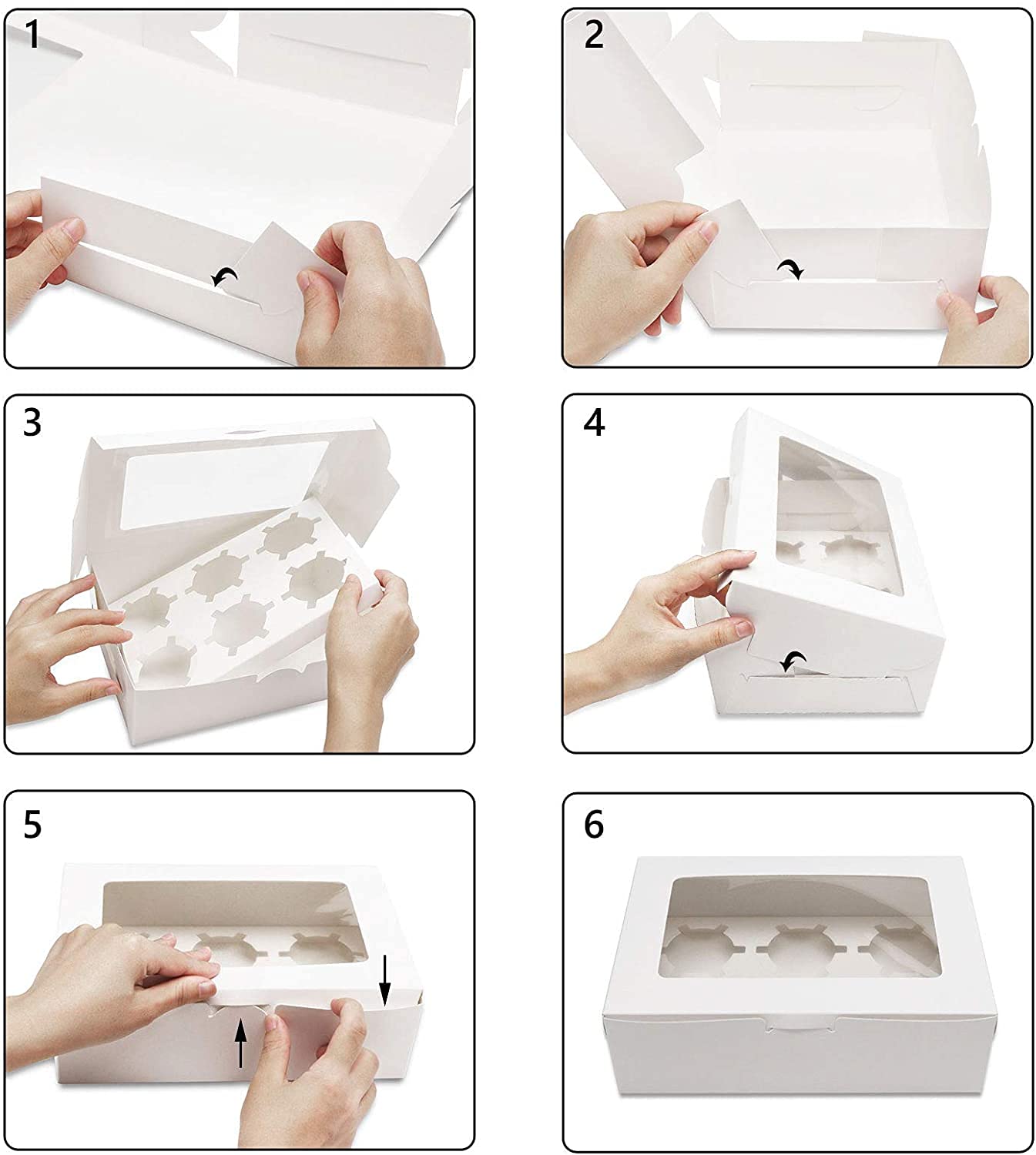 50 Pack Cupcake Boxes 6 Count Muffin Cupcake Box Carrier, White Kraft Bakery Boxes with Windows and Inserts,Take Out Togo Cup cake Container Favor Box