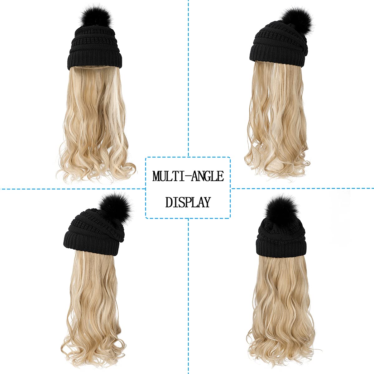 Qlenkay Beanie Hat Knit with Long Wavy Curly Hair Extensions Wig Dismountable Warm Knitted Pom Cap Attached 20inch Synthetic Hairpiece for Women Winter Ash Blonde Mix Bleach Blonde
