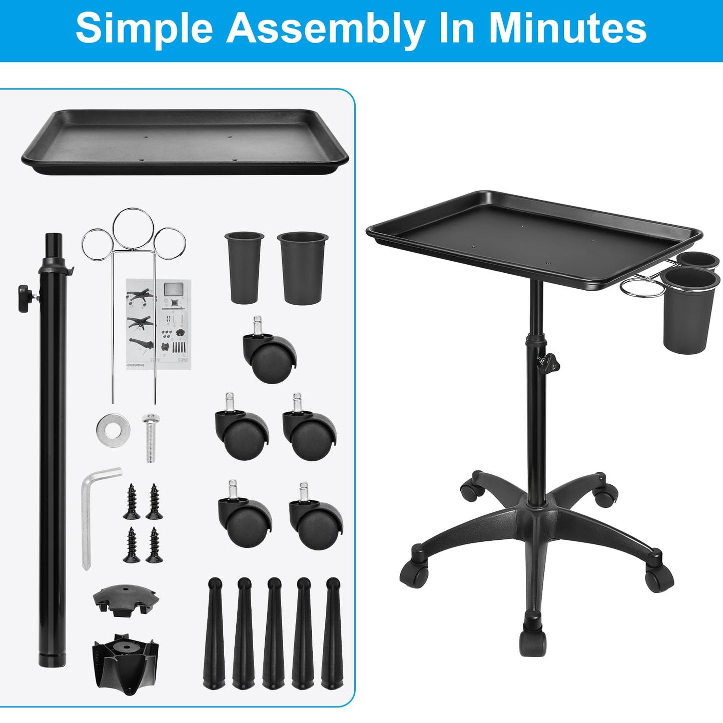 JOSTZHXIN Salon Rolling Tray, Tattoo Tray Rolling Cart, Height Adjustable Styling Tray, Service Storage Tray Trolley for Beauty Salon Clinic Spa,Black-with Cup Holder