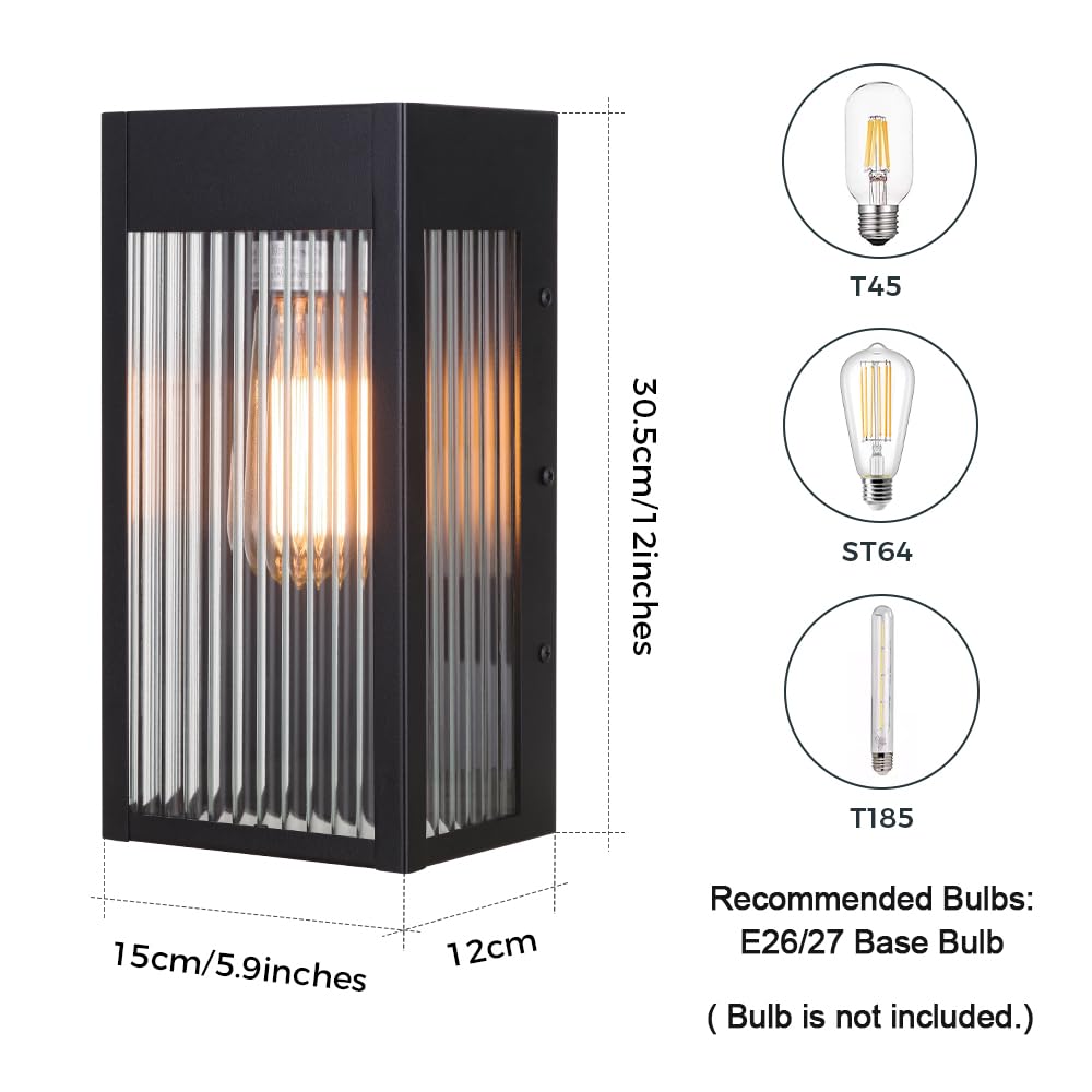 Cerdeco Black Outdoor Wall Light with Striped Tempered Glass,Modern Outdoor Wall Sconce with E26 Socket,2 Pack