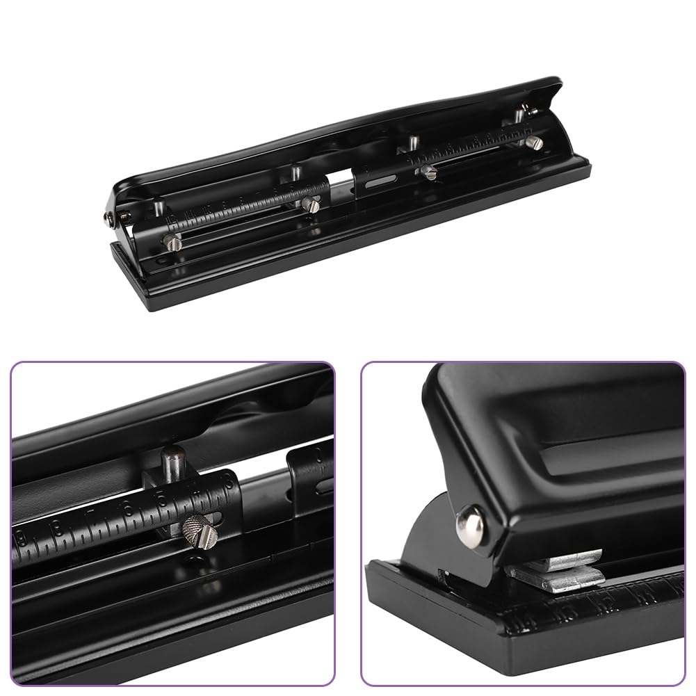 Desktop Hole Punch, 4 Hole Adjustable Paper Ring Puncher Metal A4 Refills Heavy Duty Squeeze Portable Punch 10 Sheet Capacity Low Force for Home School Office Studio Home Essential Supplies Black