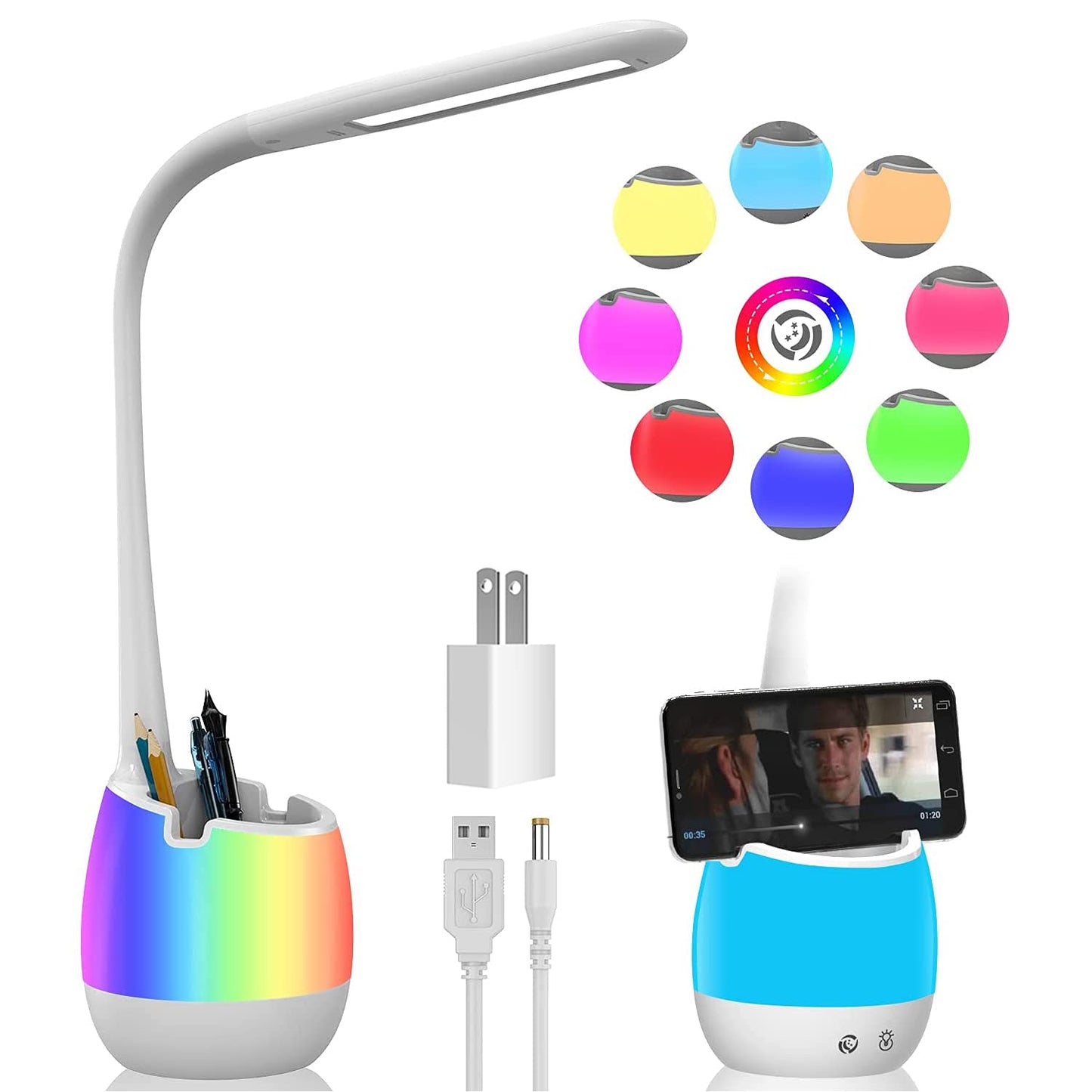 Rechargeable LED Desk Lamp with Pen Holder, ERAY Dimmable Flexible Gooseneck Bedside Table Lamp with Color Night Light, Eye-Caring Kids Pupil Student Reading Study Light for Home Office（White)