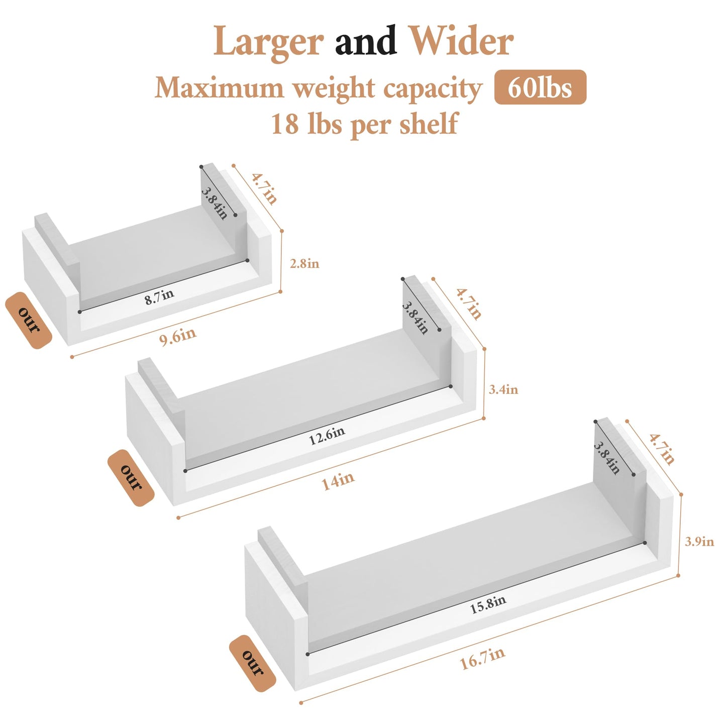 SRIWATANA Floating Shelves Wall Mounted, Solid Wood Wall Shelves, White