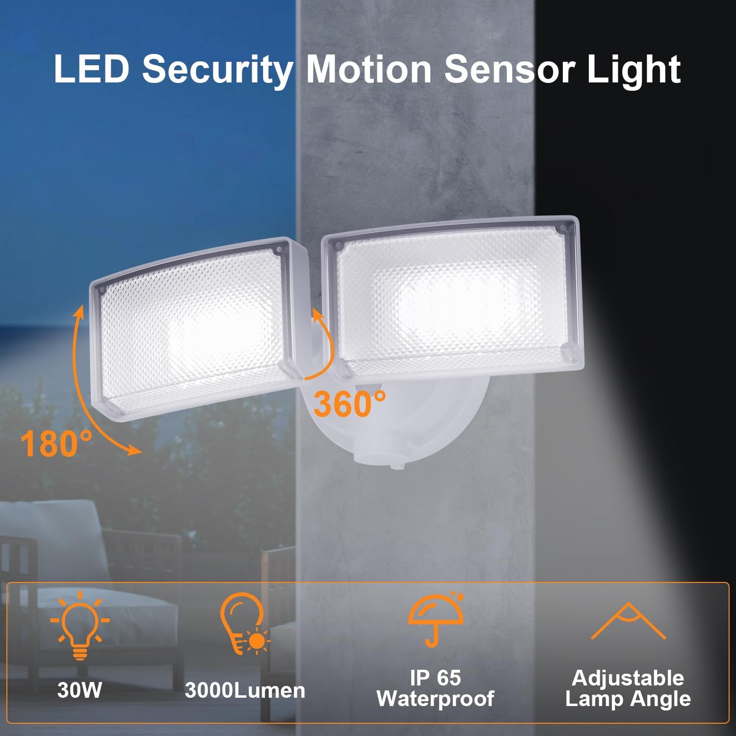 CELAVY 30W 3000 Lumen LED Dual-Head Flood Light Outdoor, Metal Exterior Metal Security Lights, 3000K/5000K Light, IP65 Waterproof Wall/Eave Mount Flood Light for Garage, Patio, Yard (White)