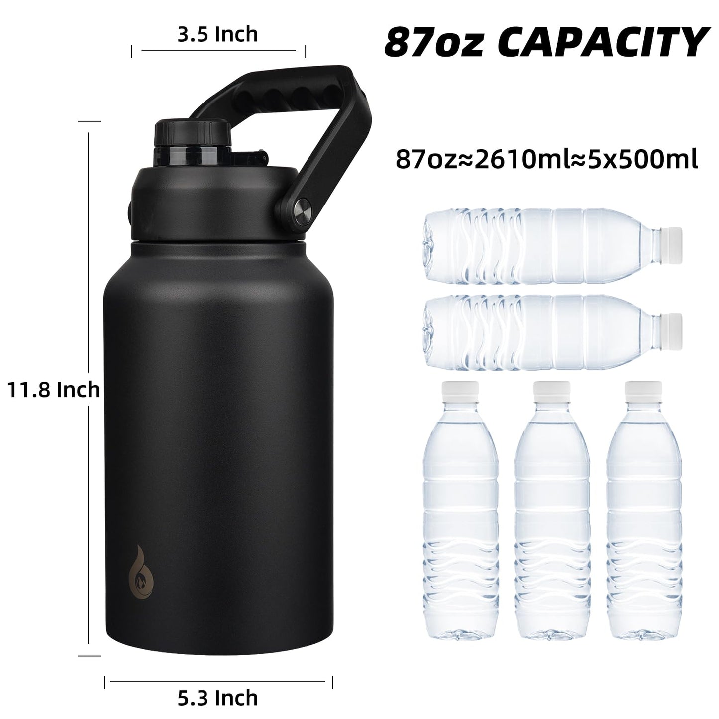 BJPKPK 87oz Insulated Water Bottle, Dishwasher Safe 2/3 Gallon Water Bottle with Ergonomic Handle, BPA Free Leak Proof Water Jug, Stainless Steel Metal Water Bottle with Anti-Slip Bottom, Black
