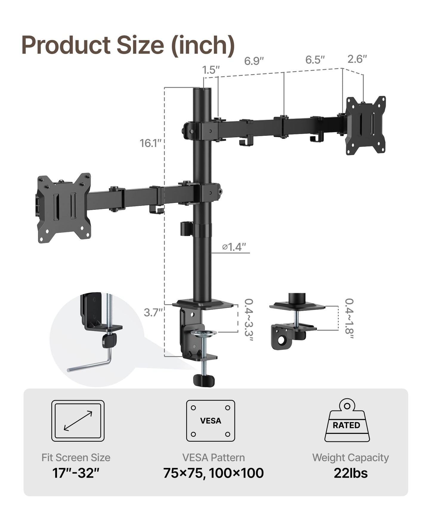 monTEK Dual Monitor Stand for 17"–32” Computer, Adjustable Height Stable Monitor Mount Fit up to 32 inch Screen, Hold up to 22lbs Weight, C-Clamp and Grommet, VESA 75x75mm/100x100mm