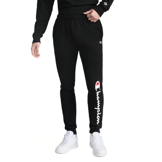 Champion Men's Joggers, Powerblend, Fleece Joggers, Sweatpants for Men (Reg. or Big & Tall), Black - Classic Script Logo, Large