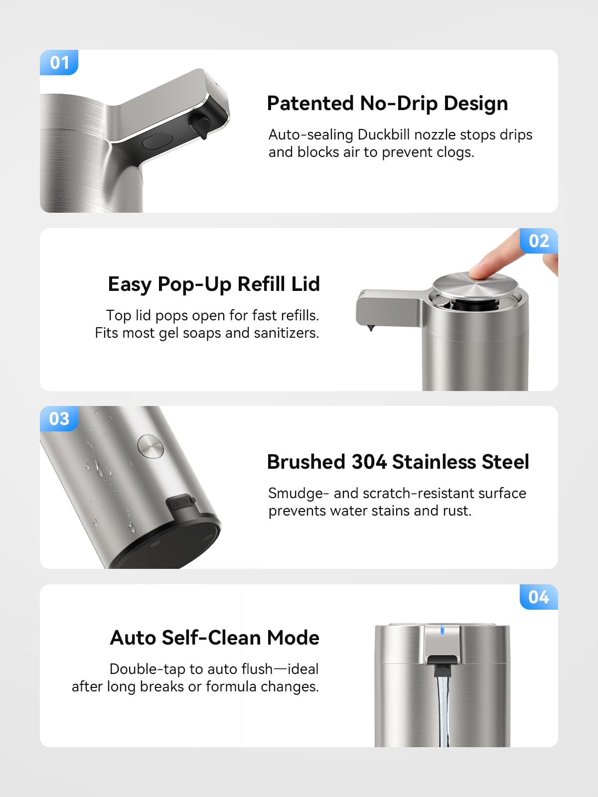 SUNLY Touchless Automatic Soap Dispenser – Clog-Free Pump, 0.2s Fast Sensor, USB-C Rechargeable, Smudge-Resistant Stainless Steel, for Kitchen & Bathroom Soap Dispenser, Satin Silver