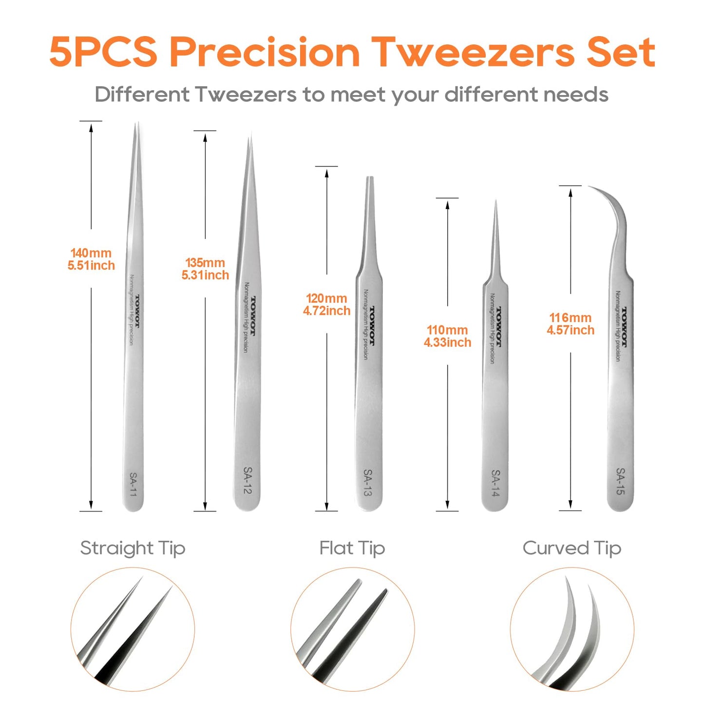 Precision Tweezers, 5 PCS Stainless Steel Pointed Tweezers for Craft, Electronics, Soldering, Jewelry-Making, Non-Magnetic Industrial Tweezers. Only TOWOT CA Sells Genuine Products