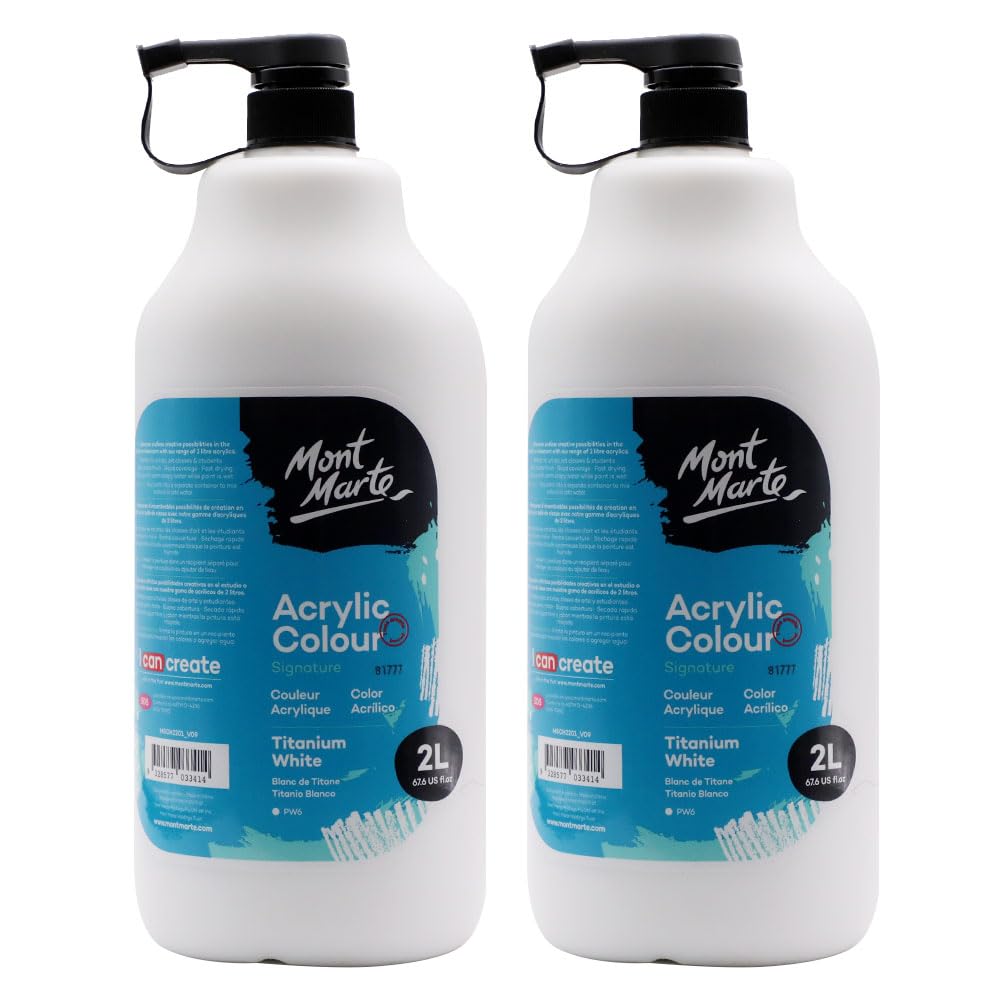 Mont Marte Studio Acrylic, 2PACK, Titanium White, 2 Liter (1/2 gallon) Ideal for Students and Artists. Excellent Coverage and Fast Drying.