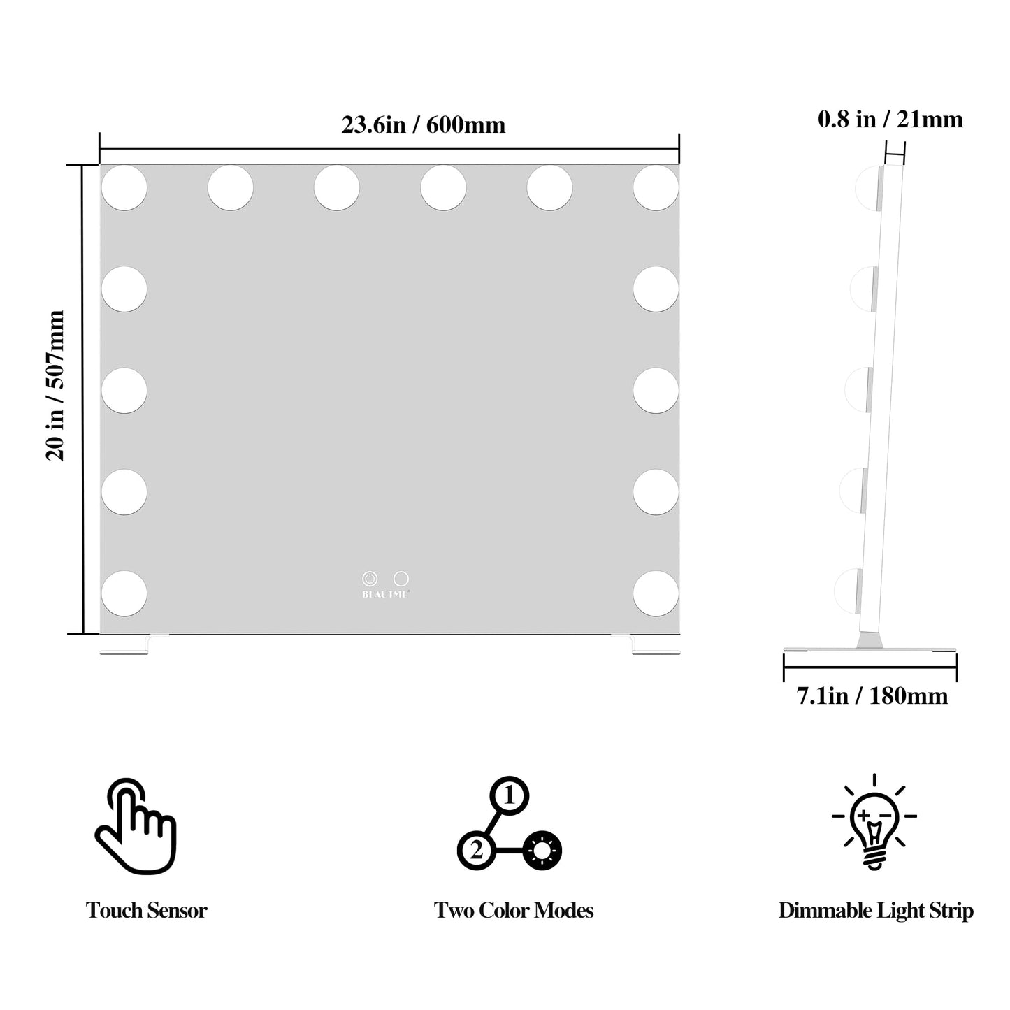 BEAUTME Vanity Mirror with Lights, 23.6" x 20" Large Makeup Mirror, Hollywood Mirror with 14 Dimmable Bulbs, 3 Color Modes & Adjustable Brightness, Detachable 10x Magnification