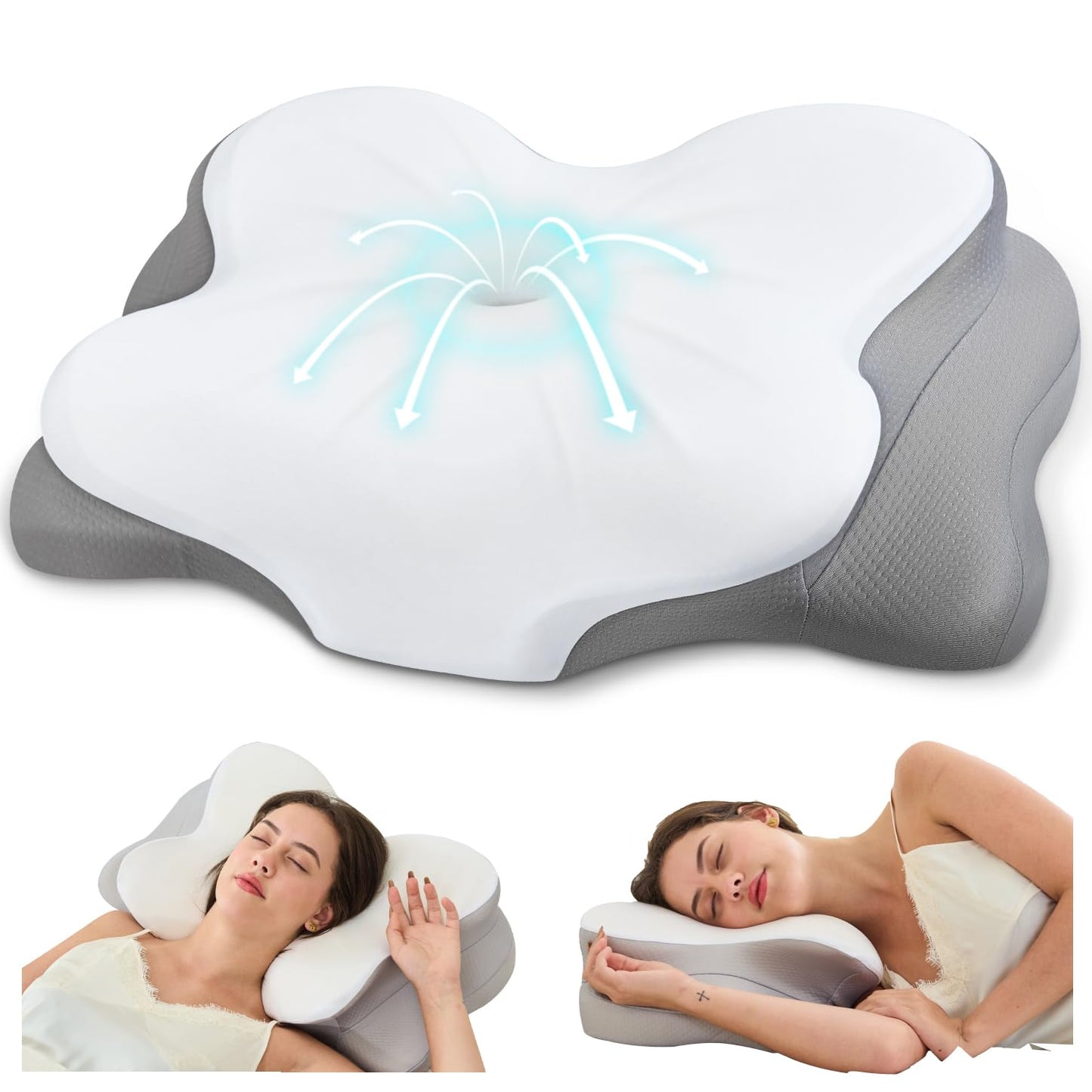 SNUGUP Ergonomic Cervical Neck Pillow, Memory Foam Neck Support Pillow with Contoured Design, Breathable Removable Pillowcase, for Side Back Stomach Sleepers, White