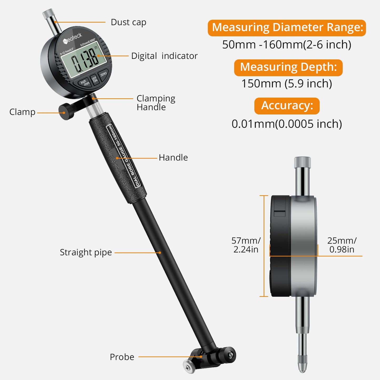 Neoteck Bore Gauge Set Digital Indicator Dial Bore Gauge 2"-6"/0.0005" with Self-Centering Dial Carbide Anvils, Insulated Grips for Deep Engine Cylinder Measurement-Black