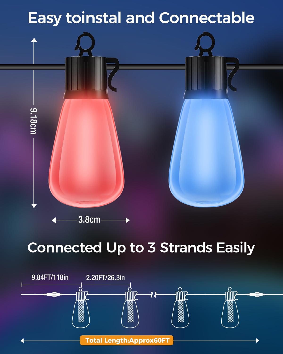 litogo 60FT Color Changing Outdoor String Lights with Remote - Dimmable LED RGB Patio Lights for Outside with Shatterproof Waterproof Edison Bulbs for Yard Gazebo Party Wedding Holiday