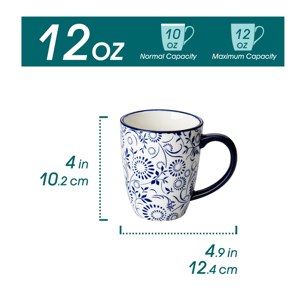 vancasso Selene Coffee Mugs Set of 6, 12 Oz Porcelain Coffee Cups with Handle, Ceramic Tea Cup for Cappuccino, Latte, Tea, Cocoa, Dishwasher & Microwave Safe Gift Sets, Vintage Blue