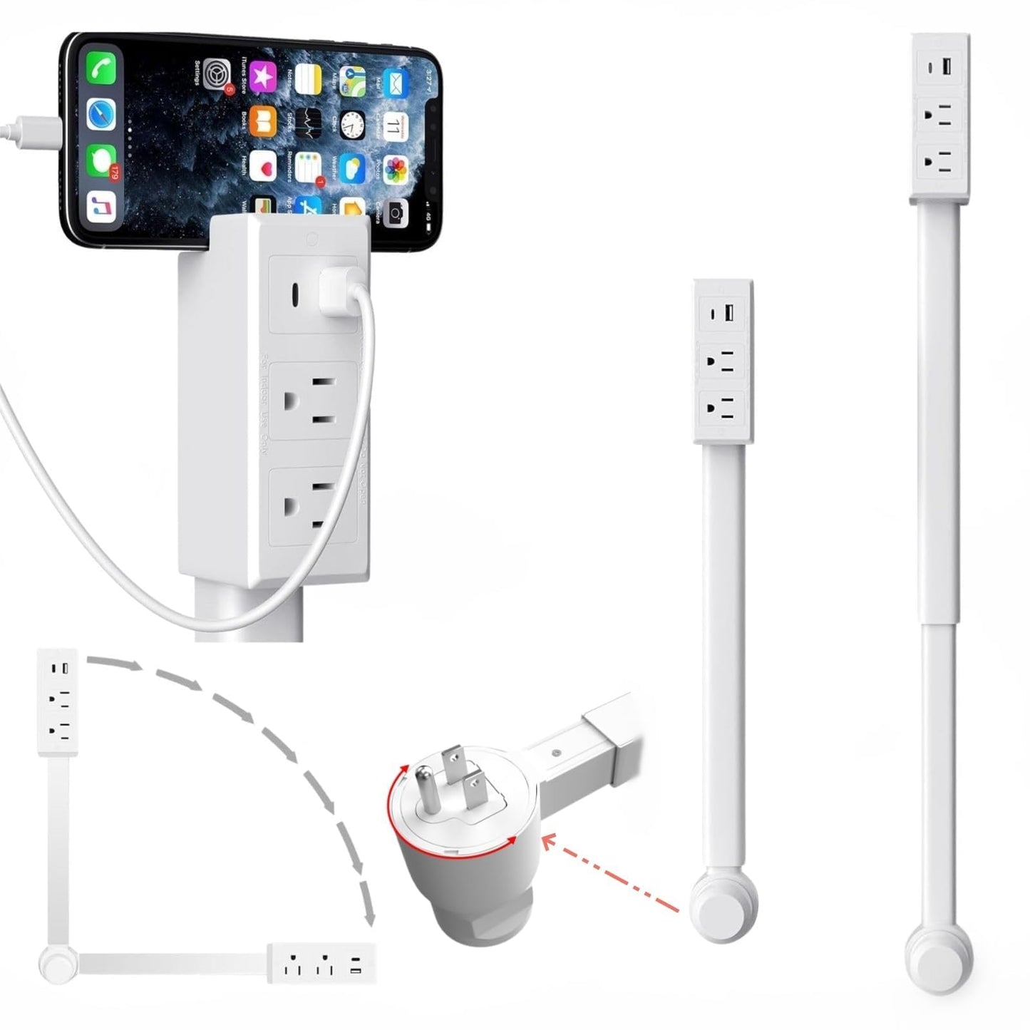 Electrical Outlet Extender Features USB-A, USB-C, and 2 AC Electrical Outlet Extender Stick for Hard to Reach Spaces Extends 17"-27", Rotates 180°. Use Behind Couches, Nightstands, Desks (1PCS)