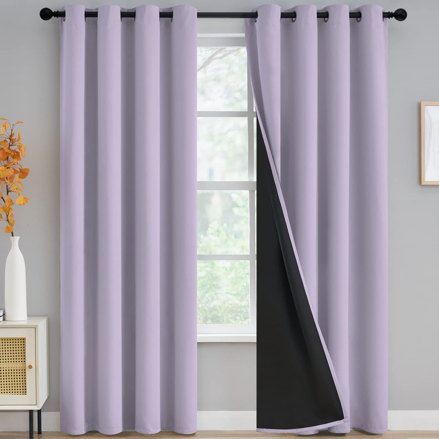 100% Blackout Window Curtain Panels for Bedroom, Heat and Full Light Blocking Drapes with Black Liner for Nursery, Thermal Insulated Solid Grommet Panels for Living Room, 52Wx84L, Lilac, 2 Panels