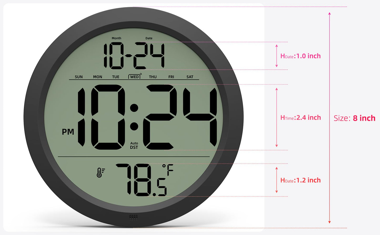Digital Wall Clock with Date, Indoor Temperature, Auto-DST, Battery-Operated Digital Clock, 8 Inch Small Decorative Wall Clock for Bedroom, Living Room, Kitchen, Office, Modern, Electric, Silent