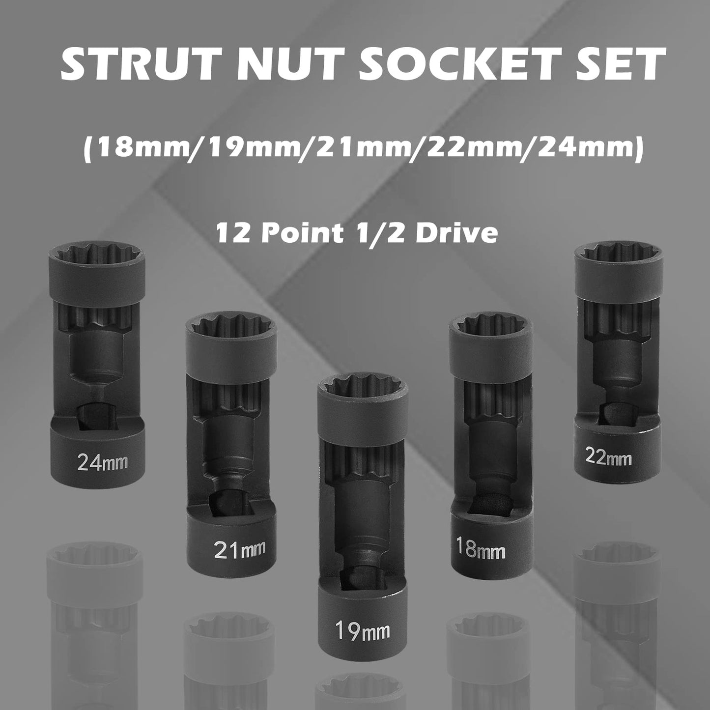 5pcs Strut Nut Socket 18mm 19mm 21mm 22mm 24mm with 12 Point 1/2" Drive, Suspension Strut Nut Socket Tool Easy Remove Strut Nuts