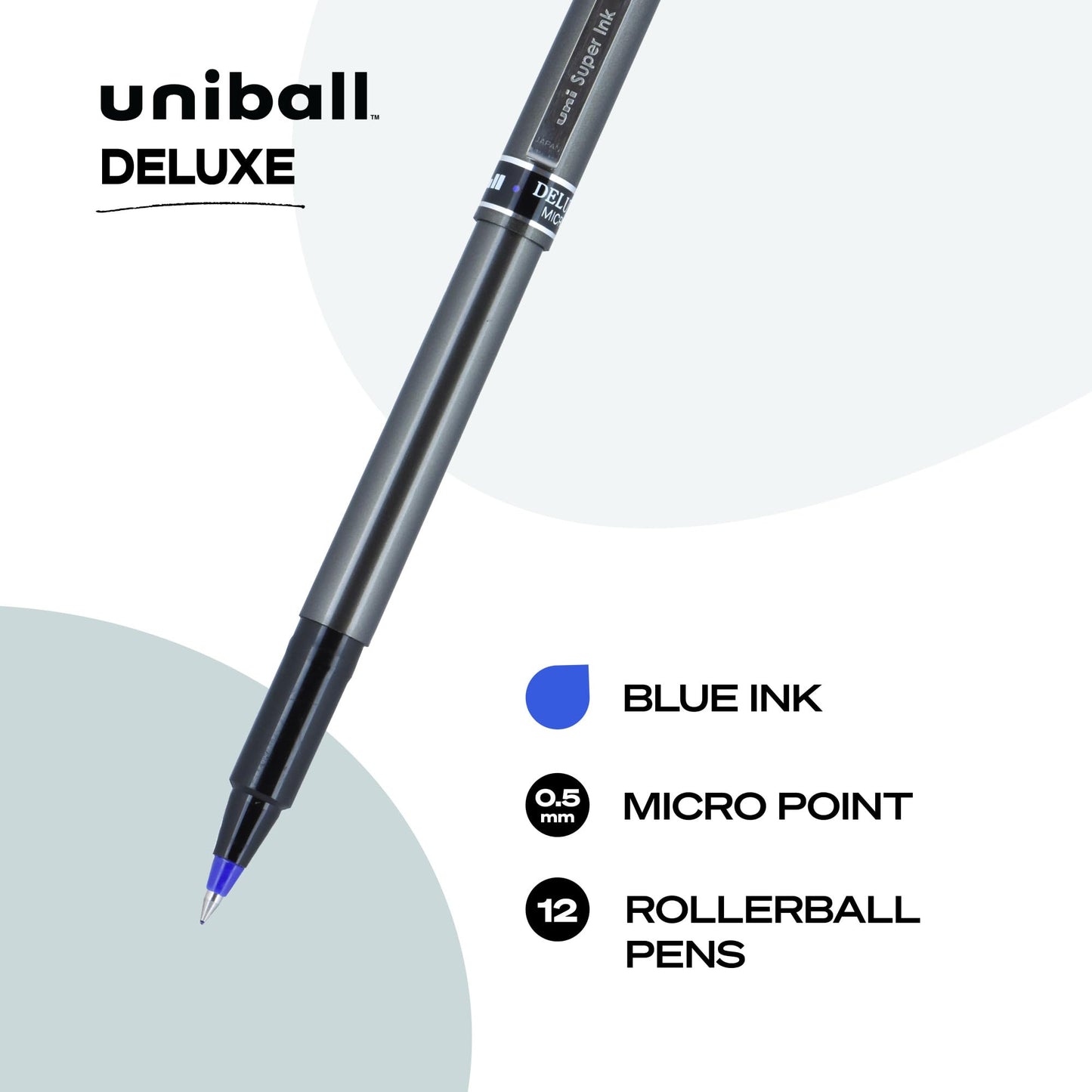 uni-ball DELUXE Rollerball, Stick Roller Ball Pen Micro-0.5mm, 12 Pack, Blue Ink (60027)