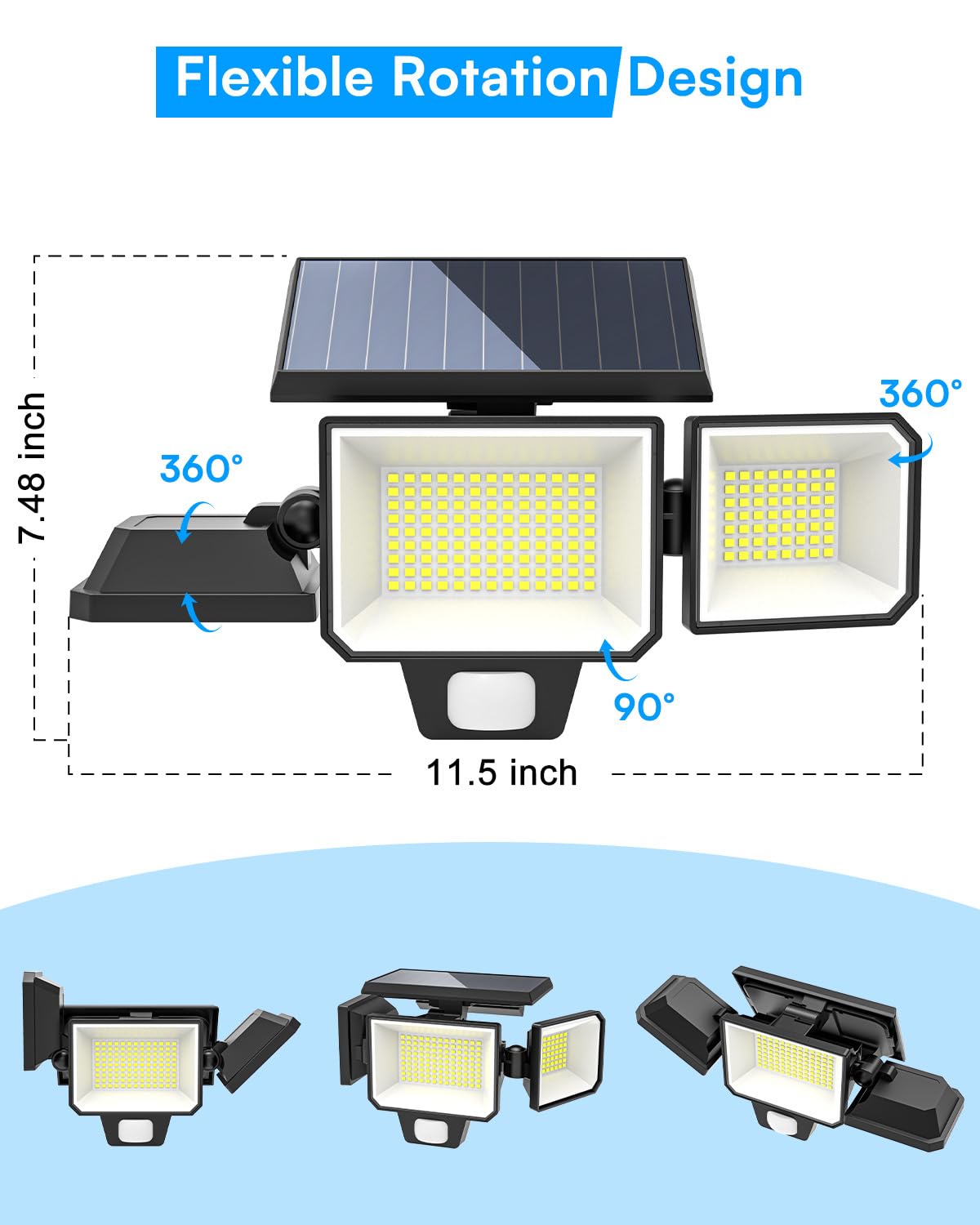 FLITI Solar Motion Sensor Lights Outdoor,2600LM Brighter Security Flood Light,Adjustable 3 Heads Solar Outdoor Lights with Always ON Mode,12M/120° Sensing Distance,IP65 Waterproof(2Pack)