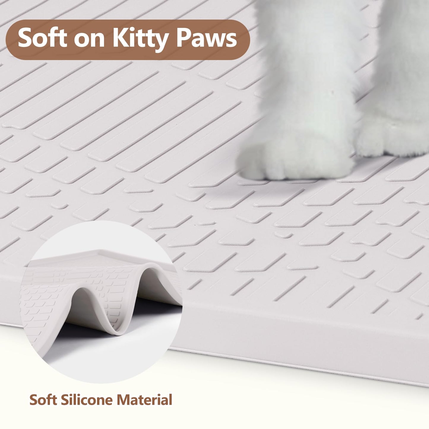 Bartuke Large Cat Litter Mat with Toy Ball, 38'' x 25'' Silicone Cat Litter Trapping Mat for Scatter Control, Soft on Kitty Paws, Easy to Clean (White)