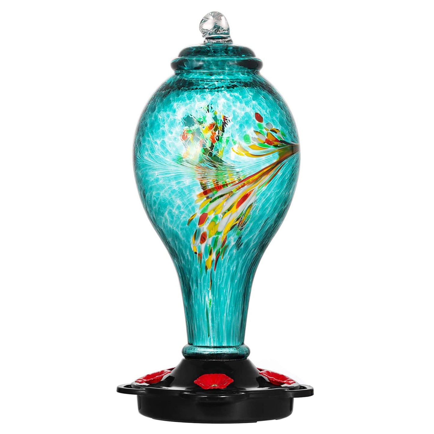 LUJII Hand Blown Glass Hummingbird Feeder for Outdoors Hanging, Leakproof, Never Fade, 36 fl.oz, 5 Feeding Metal Stations, Much Bigger, Garden Backyard Decoration, Great Gift for Bird Lover, Blue