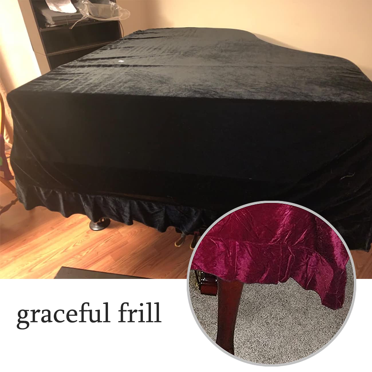 J&C Grand Piano Covers 220G Thicker Pleuche Cloth Golden Velvet 5ft 5.5ft 5’8ft 6ft 6.8ft 7.5ft 8 ft Dust-proof Anti-static Universal (Black, not include chair cover)