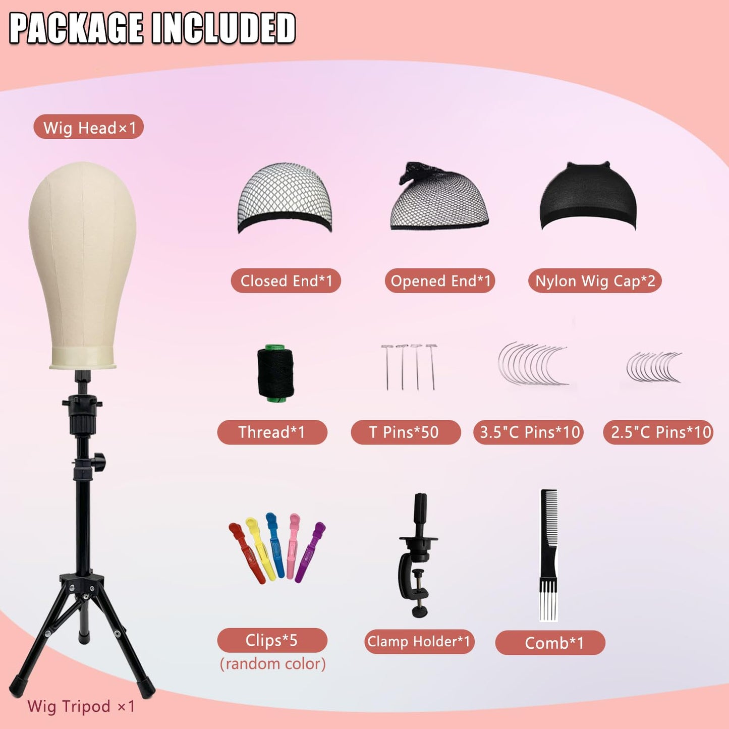 22 Inch Wig Head (White), Wig Stand Tripod with Head, Canvas Block Head Mannequin Head Stand Wig Display Styling Head With Mount Hole, Manikin Canvas Head Block Set for Wigs Making Display with Wig Caps, T Pins C Pins Set Bristle Brush