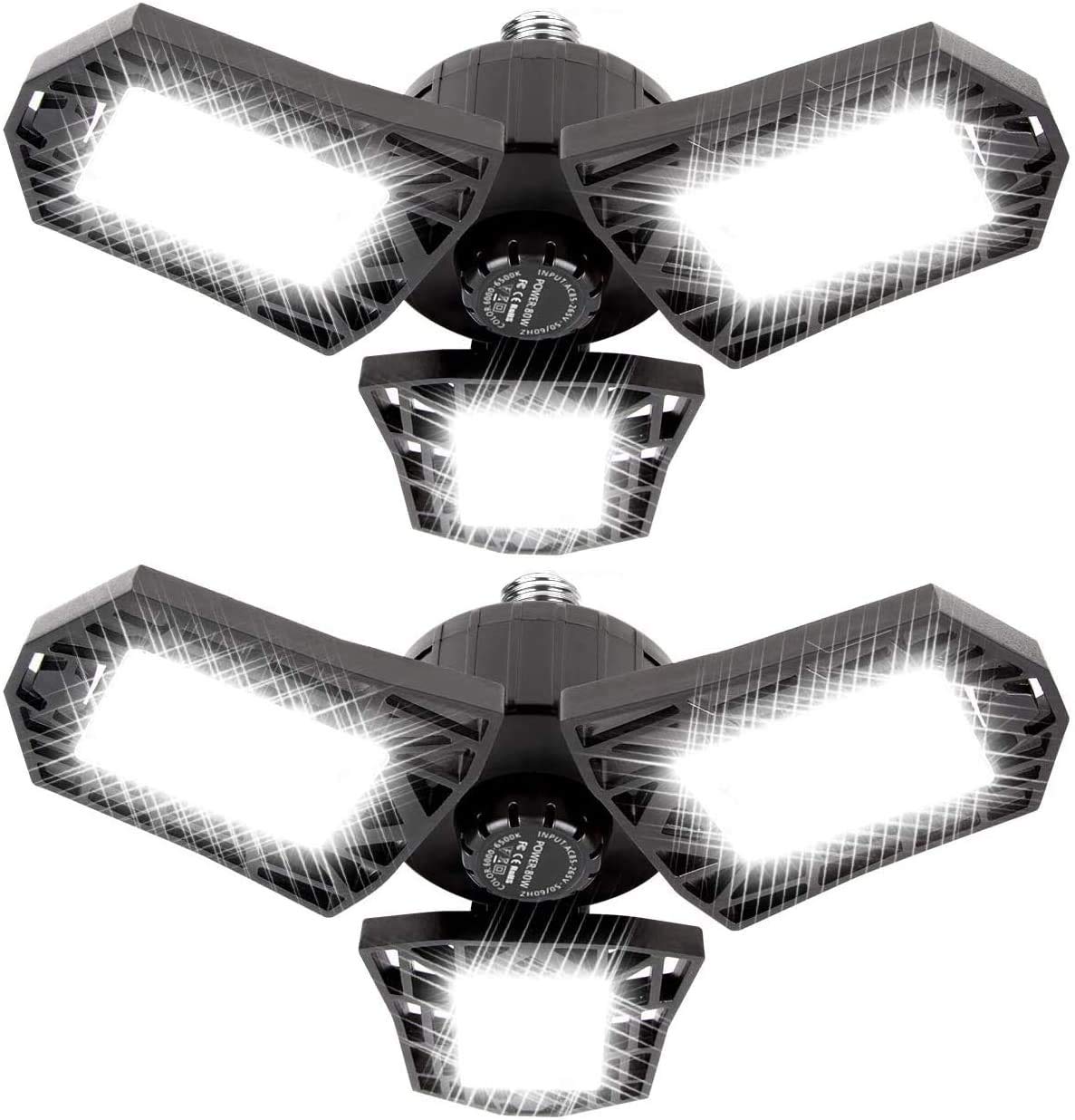 Deformable LED Garage Light - 6000 Lumen 6500K Daylight 60W, Three Leaf Garage Organization Ceiling Lighting, Pack of 2