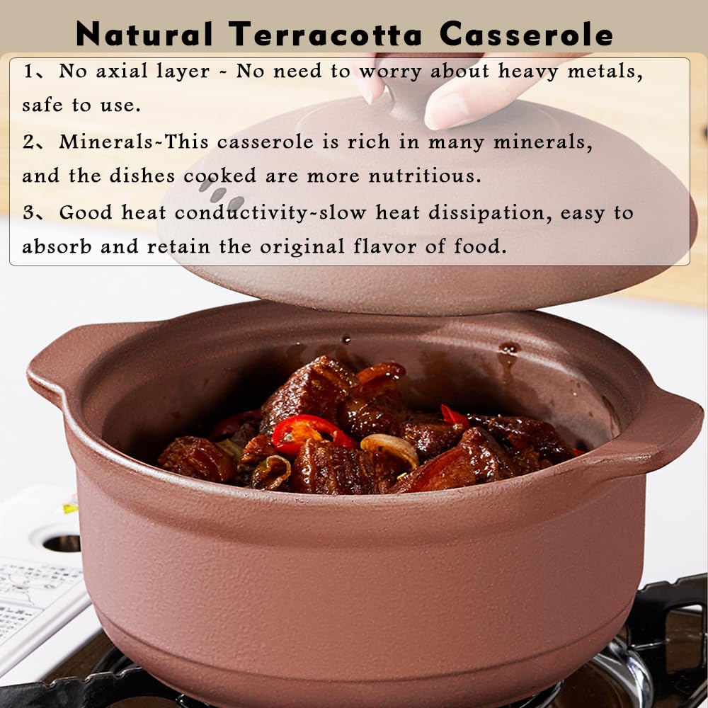 Natural Terracotta Casserole with Lids Clay Pots for Cooking, Unglazed Earthenware Rice Pots