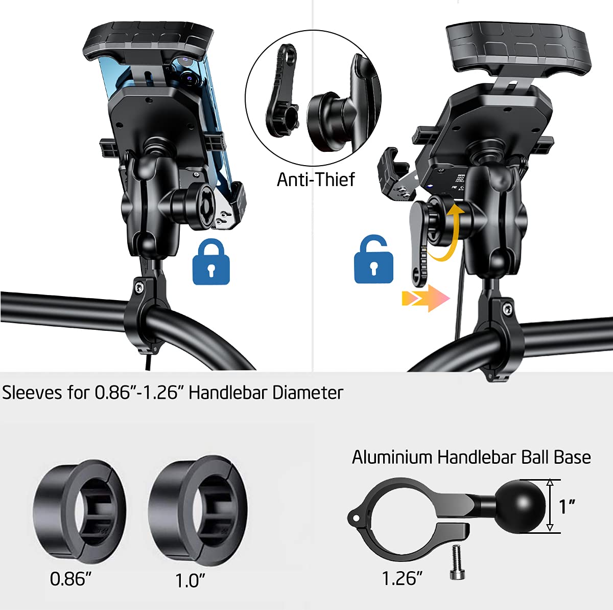 iMESTOU Anti-Thief Motorcycle Wireless Phone Mount Charger 15W & USB C 3A Handlebar 1" Ball Stem Phone Holder Works with 12V/24V Vehicle/USB Socket Quick Charge for 4.0-7.0" Cellphones
