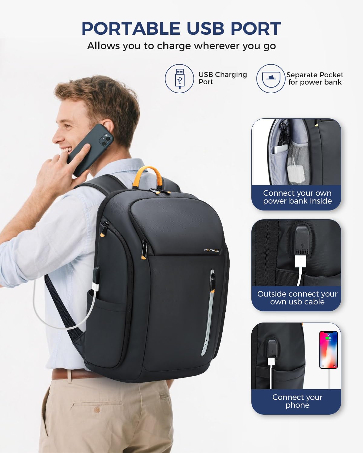 Laptop Backpack for Men - 17.3 Inch Anti Theft Business Backpack with USB Charging Port, Water Resistant Computer Backpack Flight Approved Carry On Travel Backpack for Work College, 30L, Black