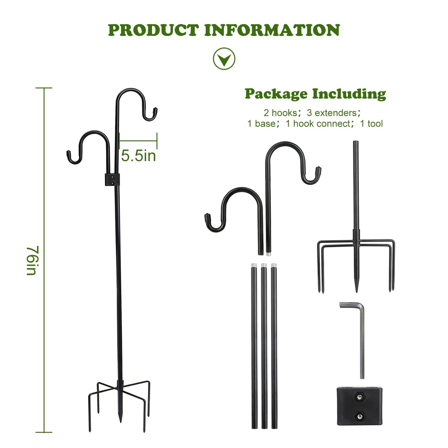 Double Shepherds Hooks for Outdoor Heavy Duty Bird Feeder Pole 76 Inch Plant Hangers with 5-Prong Base Adjustable Plans Stand for Bird Feeders,Weddings Deco,Wind Chime,Solar Lights Lantern