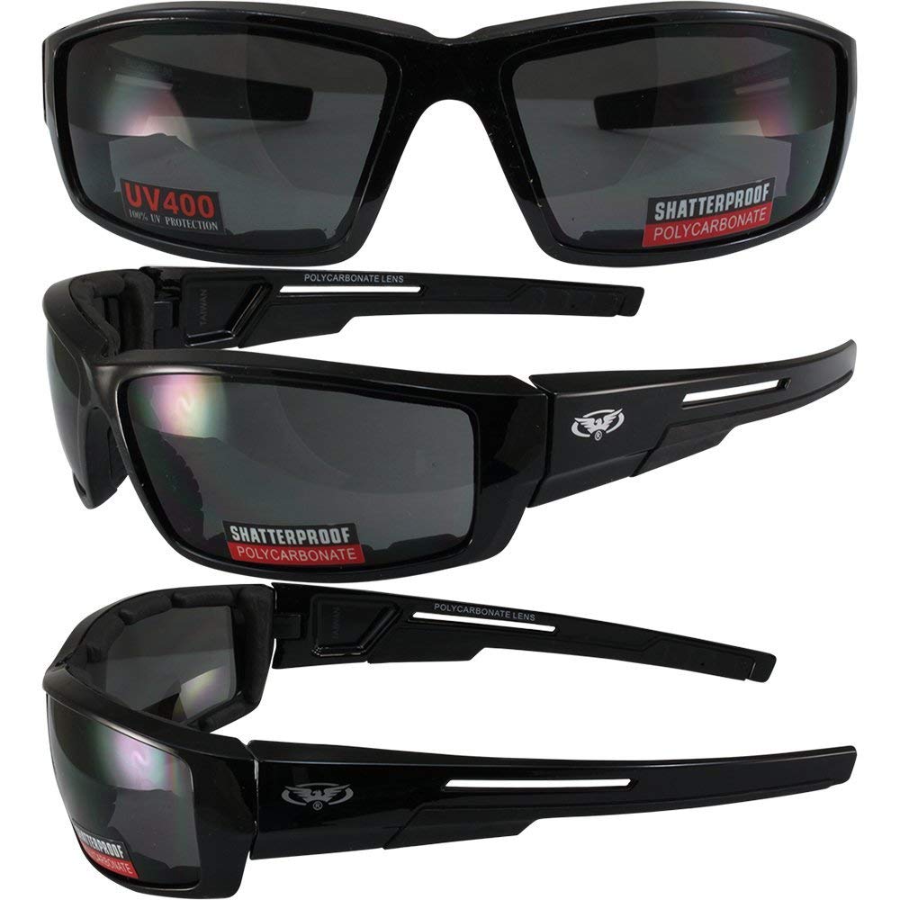 Global Vision 2 Pair of Sly Padded Motorcycle Sunglasses Gloss Black Frames with Smoke and Yellow Lenses