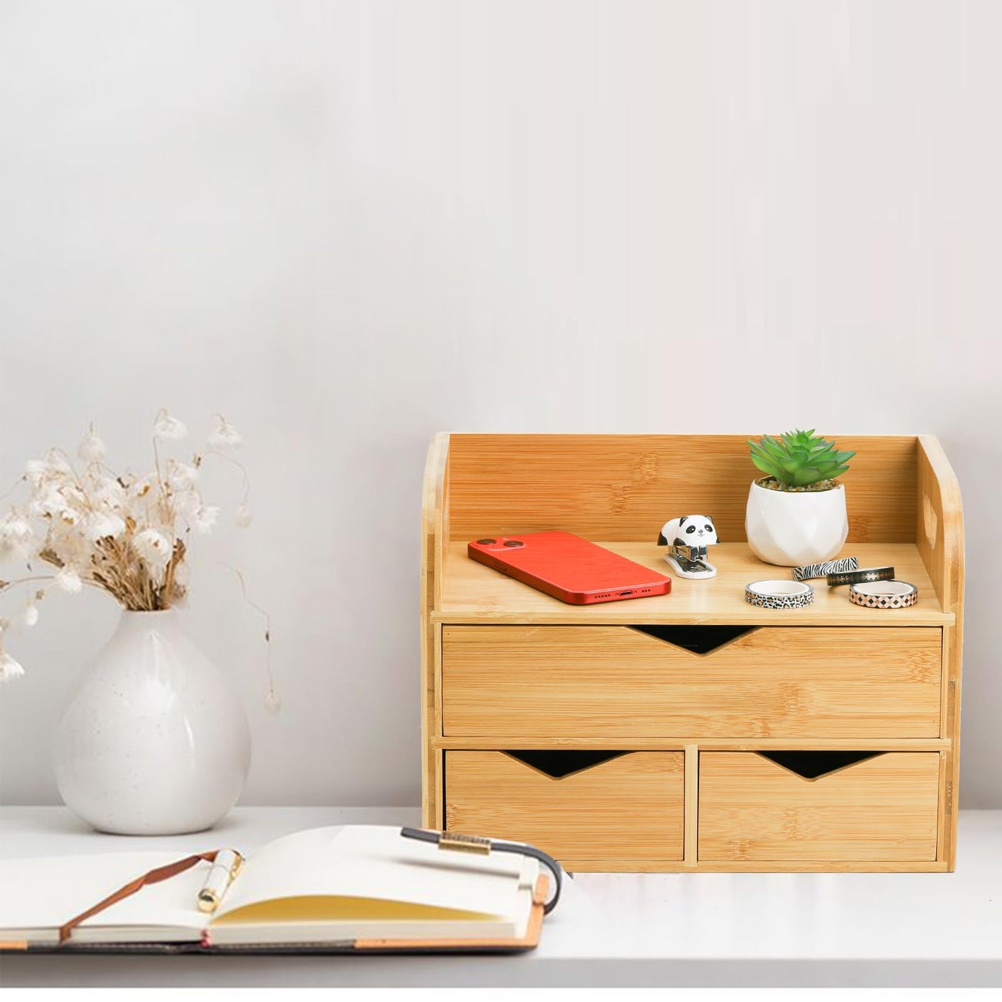 Hacaroa 3 Tier Bamboo Desktop Organizer with 3 Drawers, Mini Tabletop Craft Box Cosmetic Storage Drawer with Handle, Portable Desk Letter Mail Sorter for Office Supply, Toiletries