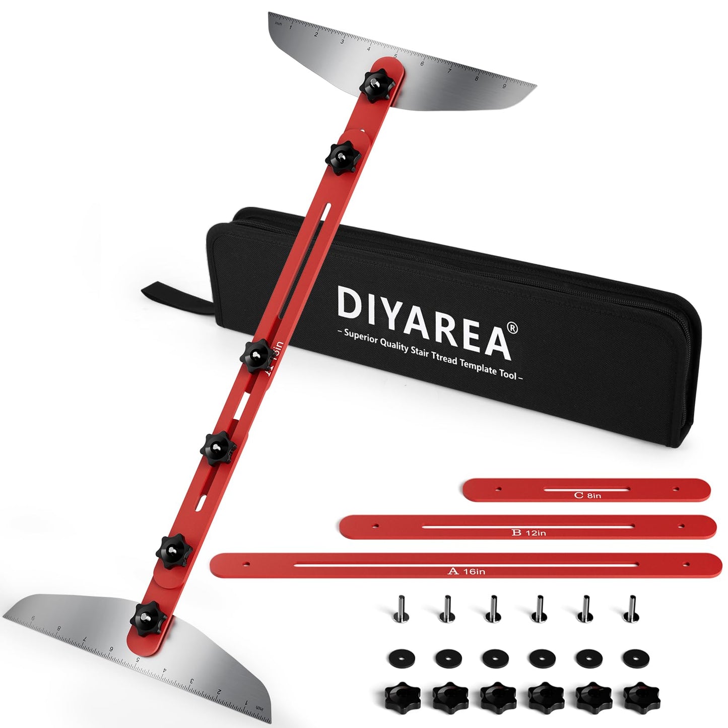 Stair Tread Template Tool, Aluminum Alloy Stair Tread Tool Jig, Stair Measuring Tool, Adjustable Stair Tread Gauge Shelf Scribe Layout Tool for Stairs, Risers and Cutting Drywall (Red, 8.86''-60.70'')